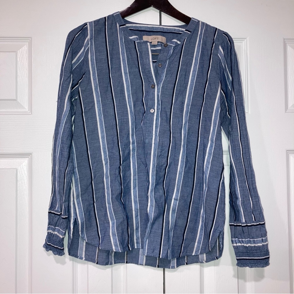 Women's LOFT 100% Cotton Blue Multi Lightweight Relaxed Fit Flowy Shirt XS